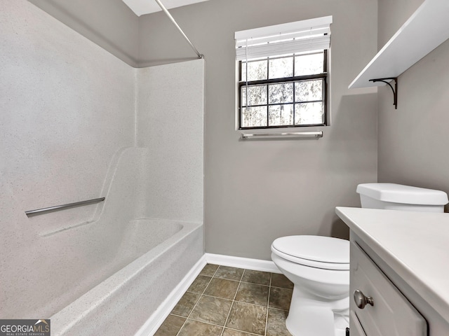 full bathroom featuring tile patterned floors, shower / bath combination, toilet, and vanity