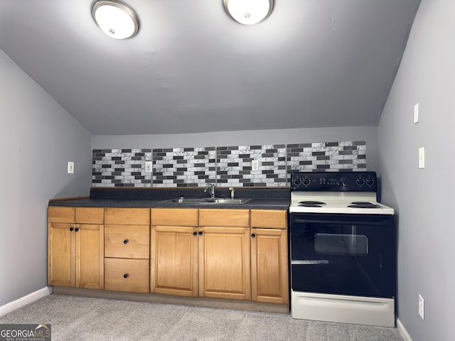 kitchen with lofted ceiling, light carpet, decorative backsplash, sink, and range with electric cooktop