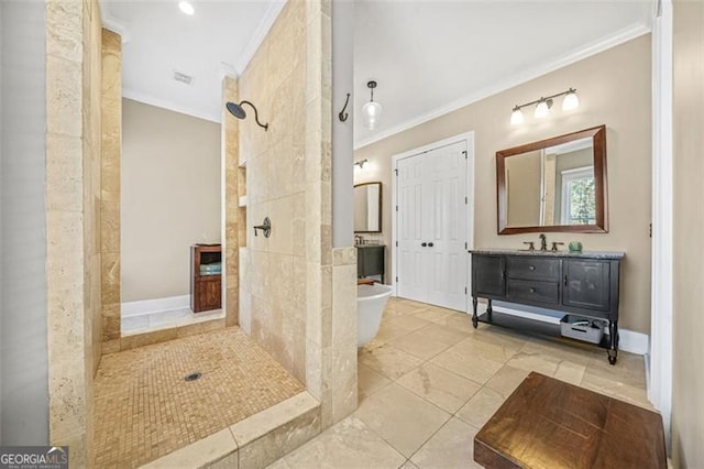 bathroom with tile patterned floors, tiled shower, ornamental molding, and vanity