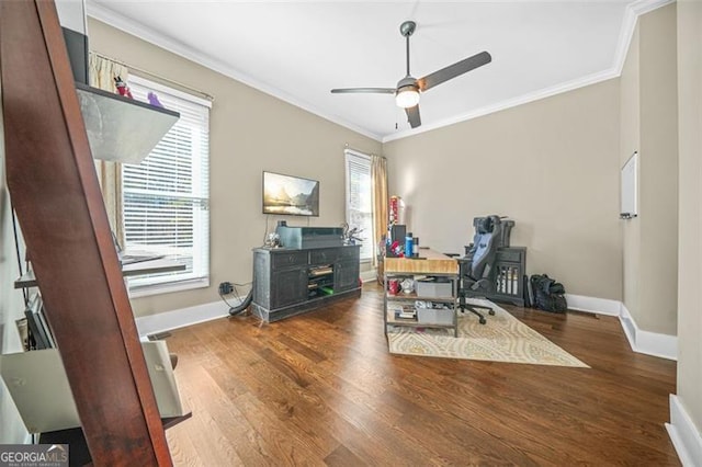 office area with hardwood / wood-style flooring, ornamental molding, and ceiling fan