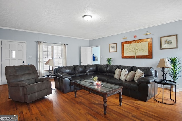 living room featuring ornamental molding, a textured ceiling, and hardwood / wood-style floors