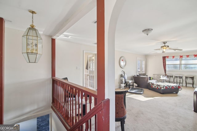 hallway with crown molding and carpet flooring