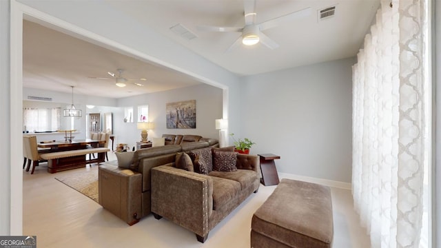 living room with ceiling fan