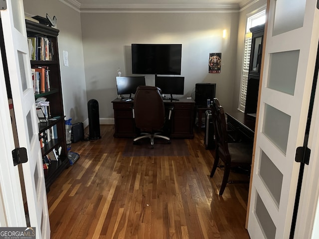 office area featuring dark hardwood / wood-style flooring and ornamental molding