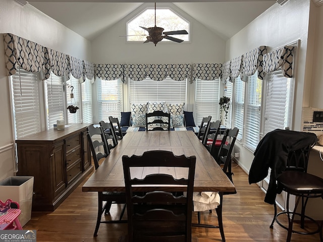 dining space with ceiling fan, a wealth of natural light, lofted ceiling, and wood-type flooring