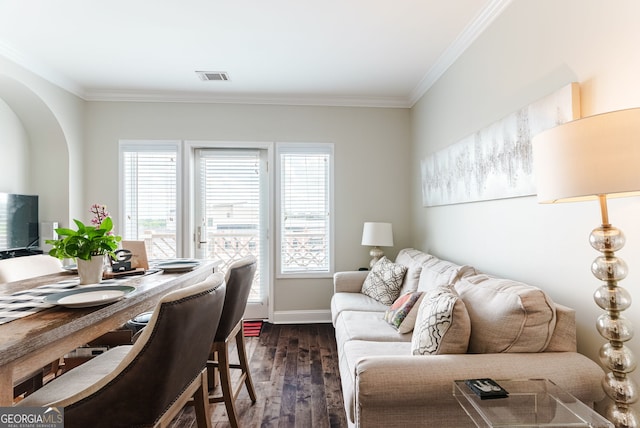 office area featuring dark hardwood / wood-style floors and crown molding