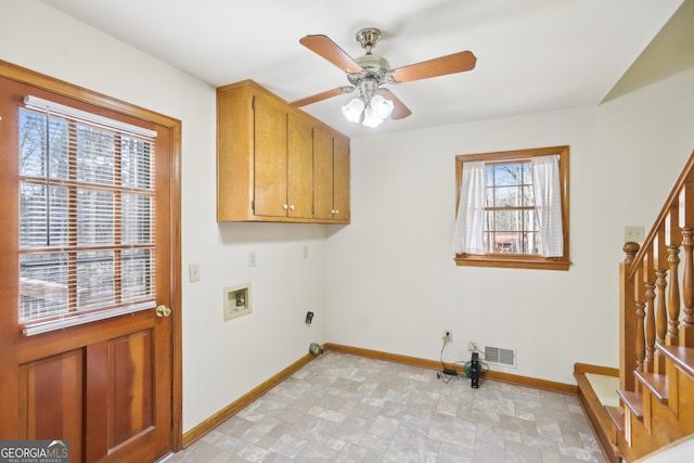 laundry room with cabinets, hookup for an electric dryer, hookup for a washing machine, and ceiling fan