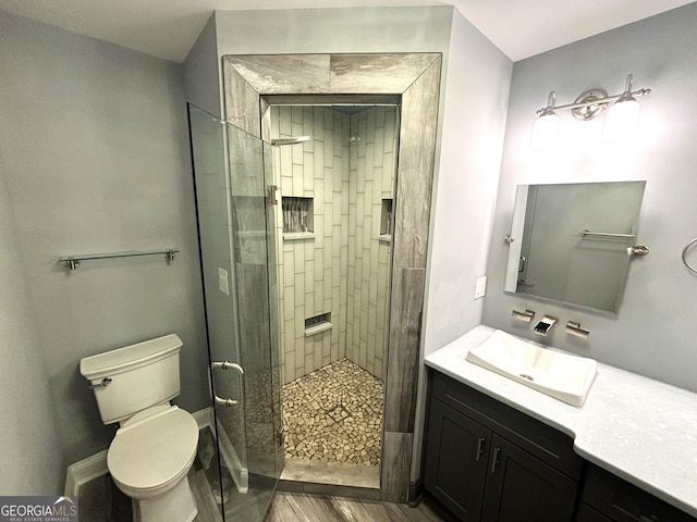 bathroom with vanity, a shower with door, and toilet