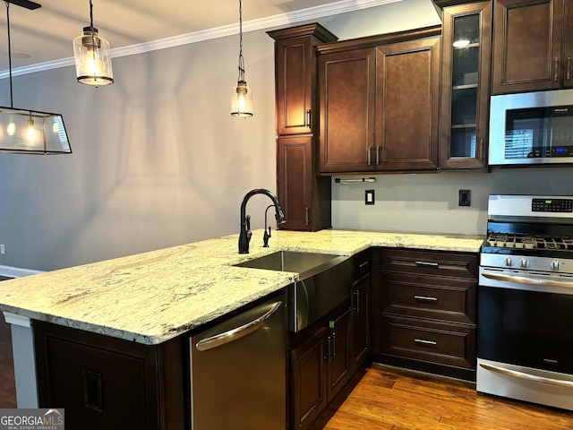 kitchen featuring stainless steel appliances, hanging light fixtures, sink, and dark wood-type flooring