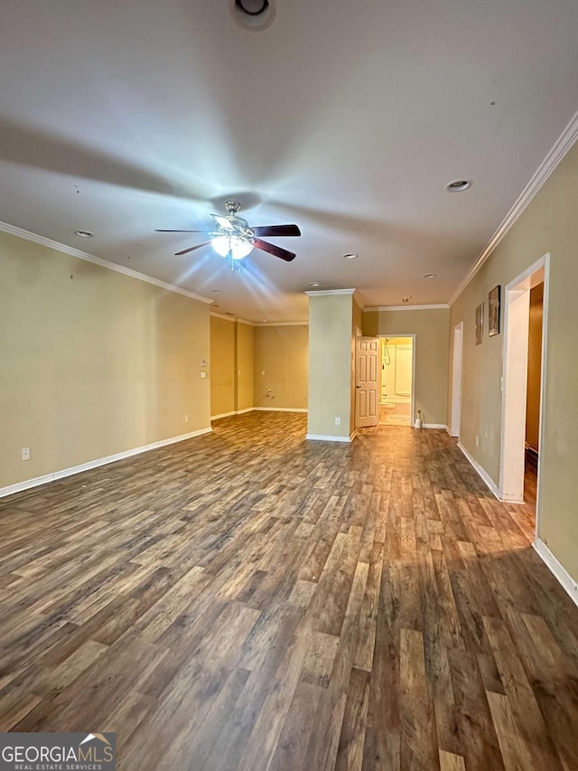 unfurnished room with ceiling fan, wood-type flooring, and ornamental molding