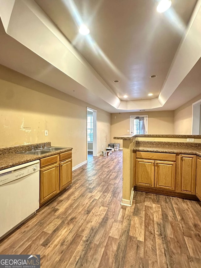 kitchen with hardwood / wood-style floors, dishwasher, a raised ceiling, and sink