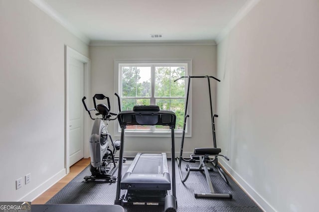 workout area featuring hardwood / wood-style flooring and ornamental molding