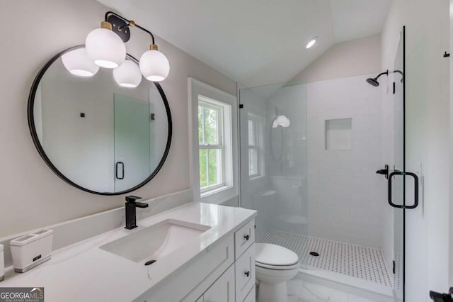 bathroom featuring walk in shower, vanity, toilet, and lofted ceiling