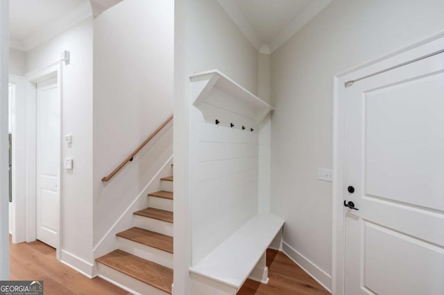 mudroom with light hardwood / wood-style flooring and ornamental molding