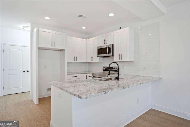 kitchen featuring appliances with stainless steel finishes, white cabinetry, decorative backsplash, sink, and kitchen peninsula