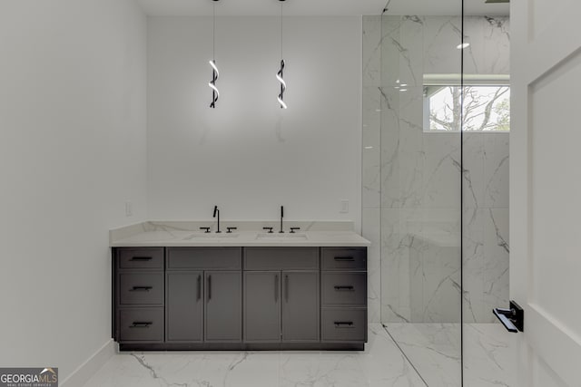 bathroom featuring a shower and vanity