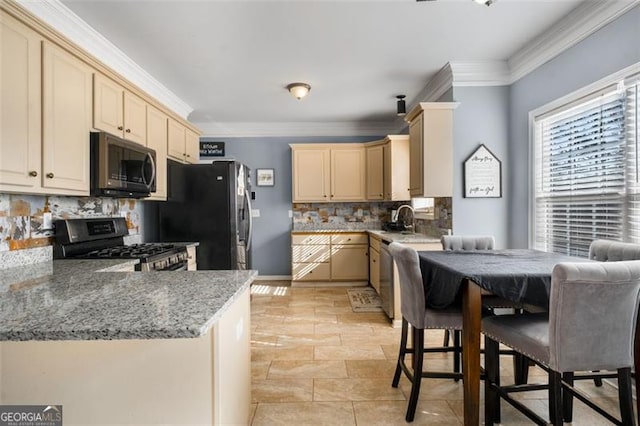 kitchen featuring backsplash, kitchen peninsula, light tile patterned flooring, stainless steel appliances, and light stone counters