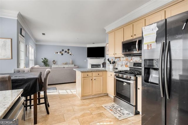 kitchen with kitchen peninsula, light tile patterned flooring, light brown cabinets, stainless steel appliances, and ornamental molding