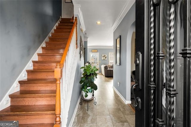 stairs with crown molding