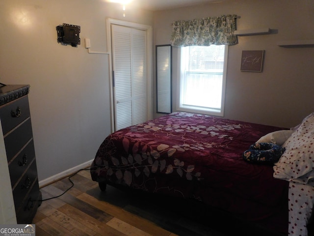 bedroom with hardwood / wood-style flooring and a closet