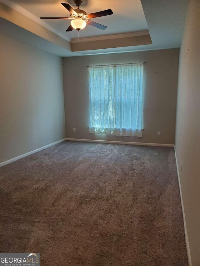 unfurnished room with carpet, ceiling fan, a tray ceiling, and ornamental molding