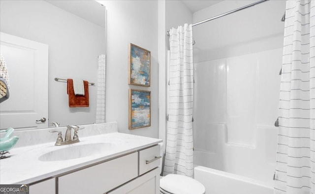 full bathroom with toilet, vanity, and shower / bathtub combination with curtain