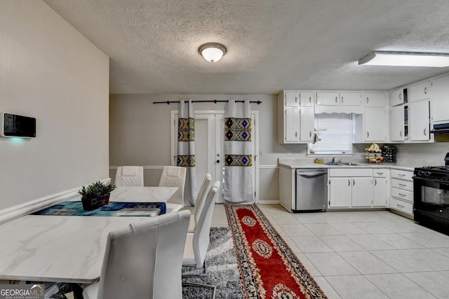 kitchen with black gas range, white cabinets, a textured ceiling, and dishwasher