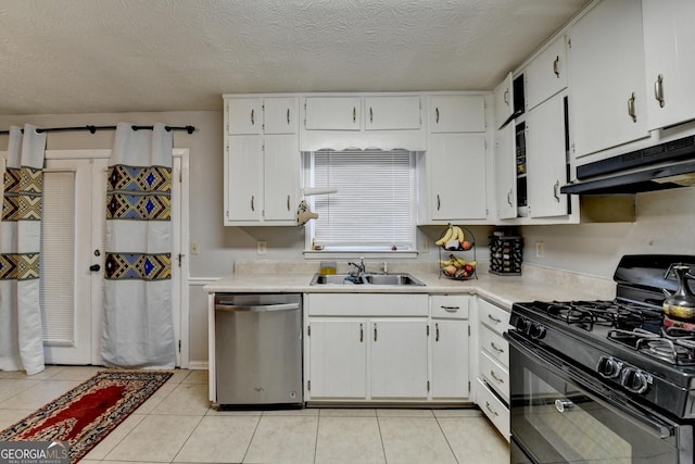 kitchen with white cabinetry, sink, stainless steel dishwasher, a textured ceiling, and black gas range