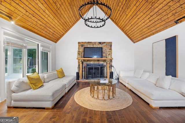 living room with wooden ceiling, a fireplace, hardwood / wood-style flooring, and high vaulted ceiling