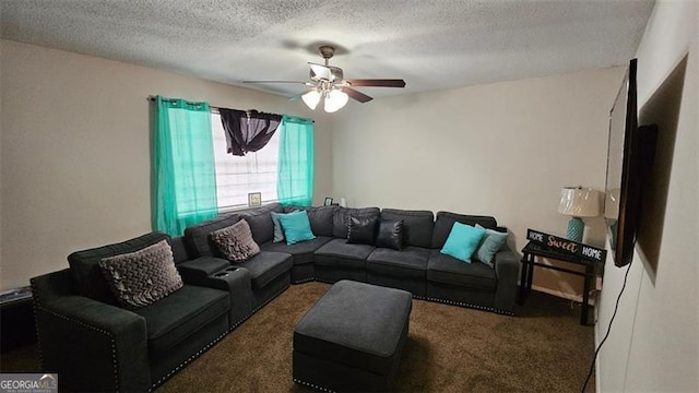 carpeted living room with ceiling fan and a textured ceiling