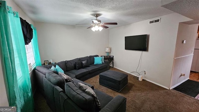 living room with carpet and a textured ceiling