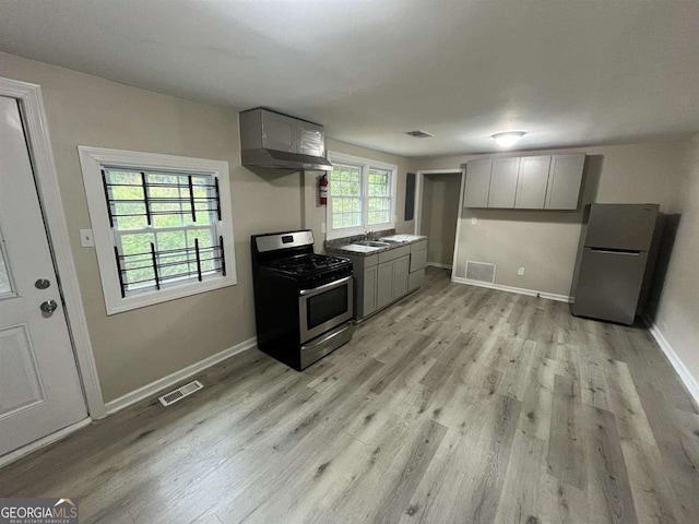 kitchen with a healthy amount of sunlight, wall chimney range hood, gray cabinets, and stainless steel appliances