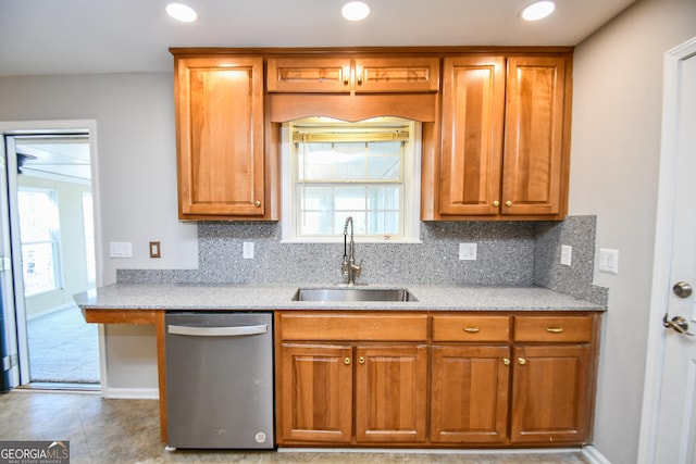 kitchen featuring a healthy amount of sunlight, backsplash, dishwasher, and sink