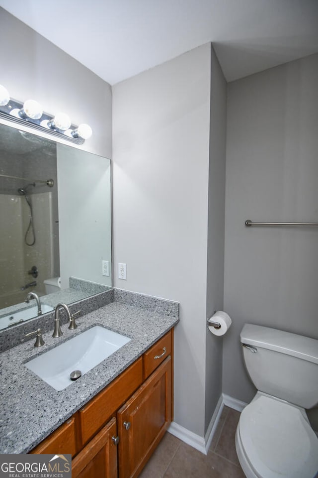 full bathroom featuring toilet, shower / bath combination, tile patterned floors, and vanity