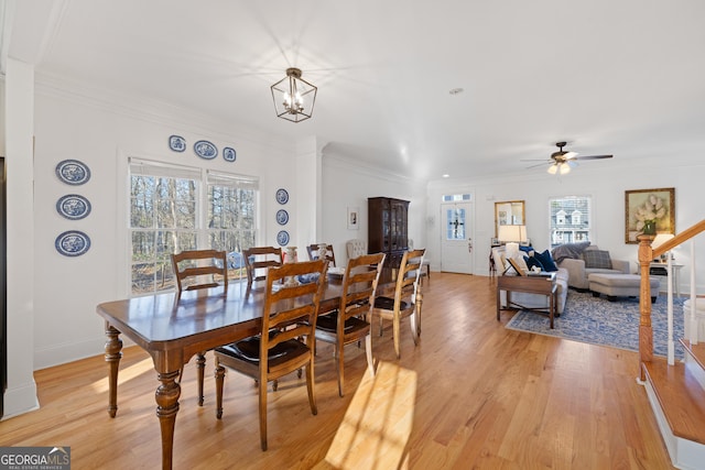 dining space with crown molding, a healthy amount of sunlight, light wood-type flooring, and ceiling fan with notable chandelier