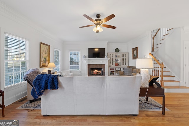 living room with ceiling fan, wood-type flooring, and crown molding