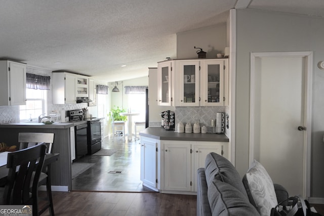 kitchen featuring tasteful backsplash, white cabinets, vaulted ceiling, and plenty of natural light