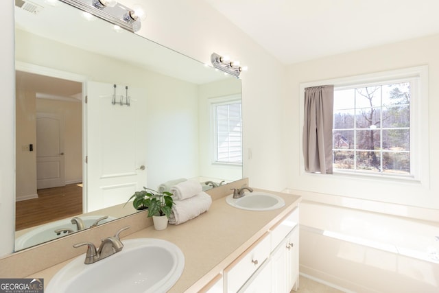 bathroom featuring vanity, a wealth of natural light, and a bathtub