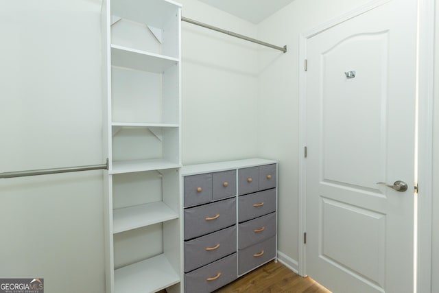 walk in closet with dark wood-type flooring