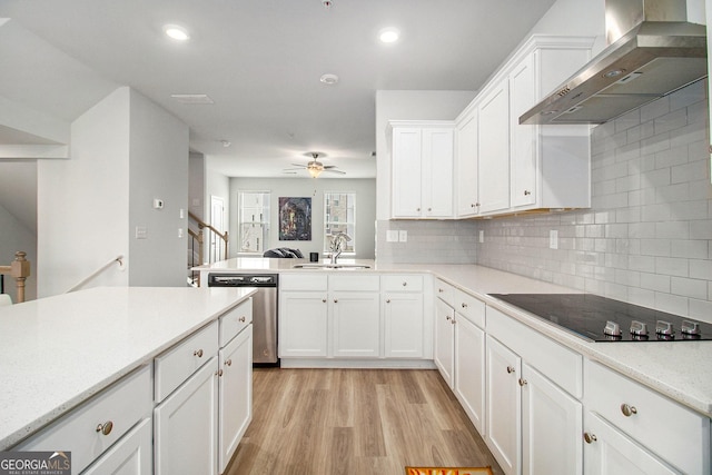 kitchen featuring wall chimney range hood, black electric stovetop, tasteful backsplash, sink, and stainless steel dishwasher