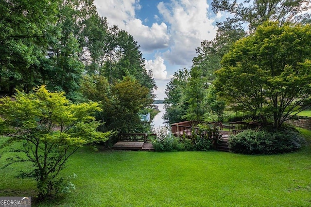 view of yard with a wooden deck