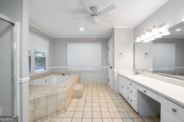 bathroom with ceiling fan, vanity, tile patterned flooring, and ornamental molding