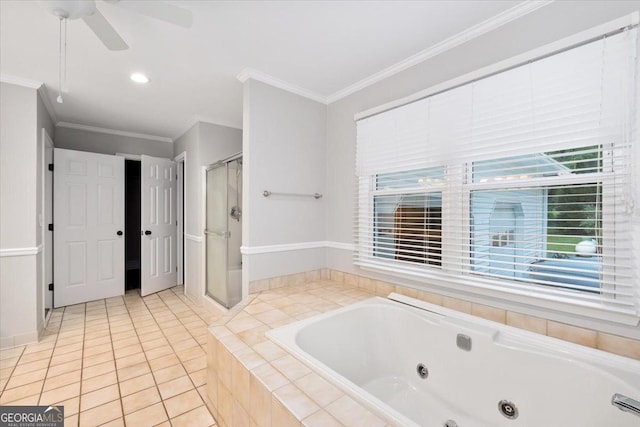 bathroom with ceiling fan, tile patterned flooring, crown molding, and shower with separate bathtub