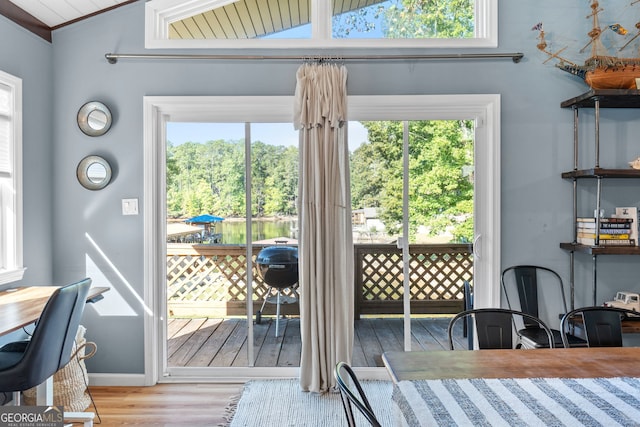 entryway with vaulted ceiling, a healthy amount of sunlight, and light wood-type flooring