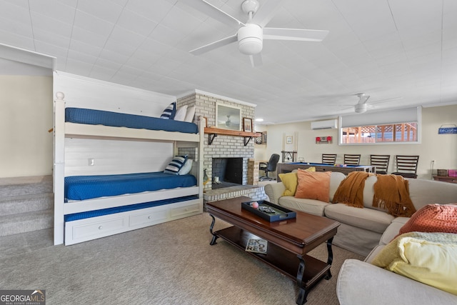 carpeted living room with ceiling fan, crown molding, a fireplace, and an AC wall unit