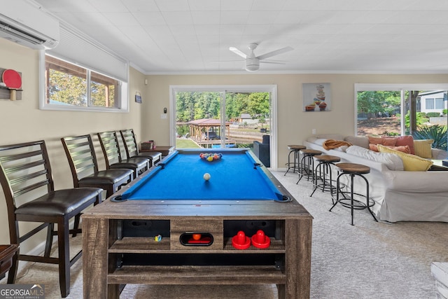 recreation room featuring ceiling fan, a wall mounted AC, pool table, and a healthy amount of sunlight