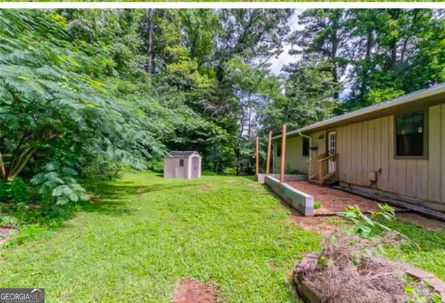 view of yard with a storage shed