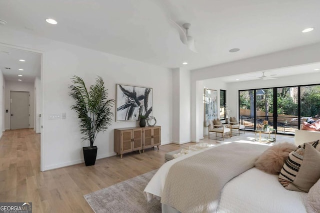 bedroom featuring access to outside, ceiling fan, and light hardwood / wood-style floors