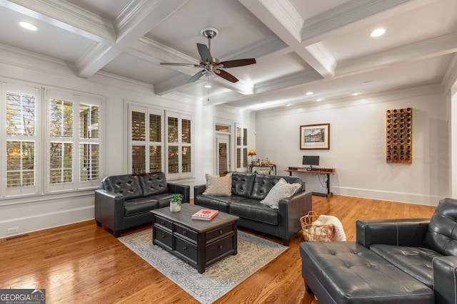 living room featuring light hardwood / wood-style floors, built in features, ornamental molding, beam ceiling, and coffered ceiling