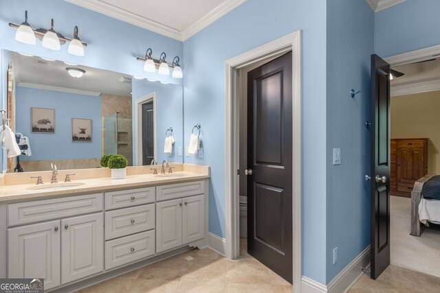 bathroom featuring plus walk in shower and ornamental molding